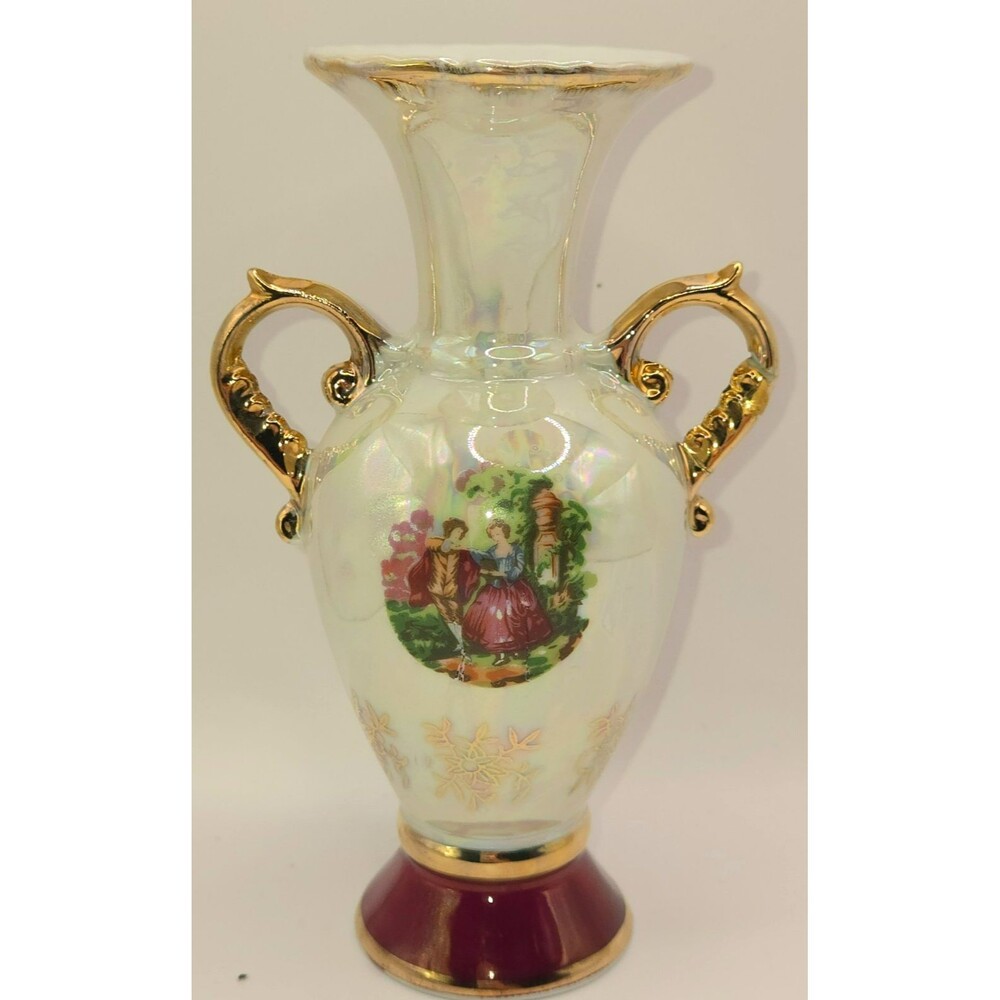 Vintage Empress by Haruta Iridescent Lusterware Vase Courting Couple Japan 6.5"